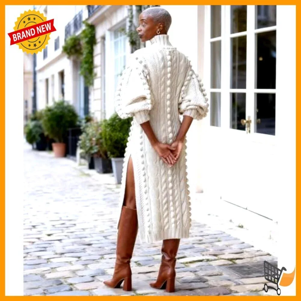 Textured Knit Puff Sleeve High Neck Maxi Dress with Split Hem